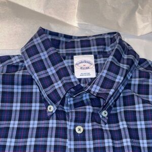 Brooks Brothers Men's Navy and Light Blue Check Shirt Sz Medium